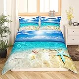 Ozean Bettwäsche 135x200cm Kinder Frauen Mädchen Sandstrand Meerwasser des blauen Himmels Bettwäsche Set Hawaii Ferien 3D Ozean Sandstrand Bettbezug Set Leicht Mikrofaser, Blau