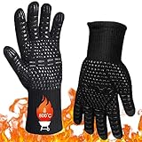 Grillhandschuhe hitzebeständig Grillhandschuh 800 Grad feuerfeste Handschuhe Kochhandschuhe Backhandschuhe für Küche & Grill BBQ Ofenhandschuhe,Schwarz