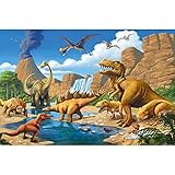 GREAT ART® Fototapete | 336 x 236 cm | Kinderzimmer Abenteuer Dinosaurier | Wandbild Dekoration Dinowelt Comic style jungle adventure Dinosaurus Wasserfall Foto-Tapete Wandtapete