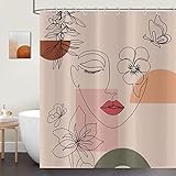 ASDCXZ Duschvorhang Abstrakt 165x180 cm, Boho Kunst Mädchen Gesicht Blume Moderne Beige Bad Duschvorhänge Waschbar Polyester Textil Wasserdicht Duschvorhang für Badewanne mit 12 Duschvorhang Haken