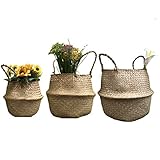 GOODCHANCEUK 3er Set Wäschekorb Faltbar Seegras Blumenkorb Handgewebt Blumen Stroh Korb für Pflanze Blumentopf mit Griffen