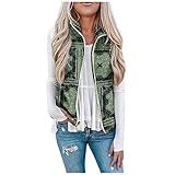 Damen Casual Tie Printed Semi High Collar Reißverschluss Plüsch Weste Mantel Langer Mantel, grün, 42