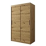 Kleiderschrank Snoter I, Schwebetürenschrank mit 2 Kleiderstangen, Fischgrätenmuster, Schiebetürenschrank für Schlafzimmer, Garderobe (Modell 120, mit Schubladen, Artisan/Artisan + Schwarz)