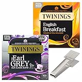 Cleverry Box Set mit Twinings Schwarzer Tee im Teebeutel – English Breakfast Tea 100 Btl. 250g – The Earl Grey Tea 100 Btl. 250g - Cleverry Edelstahl Teebeutelzange 1 Stück