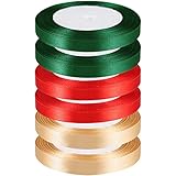 22m x 6 Rollen Satinband Weihnachten, 10mm Schleifenband Weihnachten Geschenkband Geschenkverpackung Band für Weihnachten Basteln (Dunkelgrün, Gold, Rot)