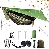 Camping Hängematten Set, Einzel Doppel Hängematte, Moskitonetz, Insektennetz, Regenfliege, hochfestes Fallschirm Stoff Hängebett. Geeignet für Outdoor, Wandern, Camping, Reisen