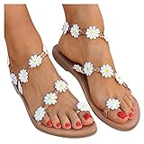 Dasongff Damen Riemchen Flache Sandalen Böhmen Strandsandalen Elegante Lace Spitze Blumen Sommerschuhe Freizeit Vintage Zehe Ring Gladiator Sandalen Römische Schuhe Zehentrenner Komfortable