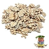 300 Stück Holzverzierungen Holzscheiben Deko klein Holzherz zum Basteln, Streu Deko Tischdeko Holzornament, Holzblumen und Blätter für Dekoration, Handwerk, DIY, Hochzeit, Party