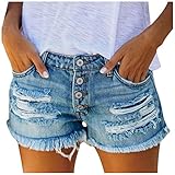 Briskorry Damen Jeansshorts Sommer Kurze Hose Jeans Ripped Zerrissen Loch Hotpants Shorts Stretch Denim Bermuda Hosen High Waist Stretch Boyfriend Skinny Pants Denim-Shorts