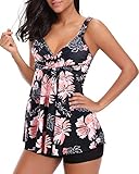 Adigaber Damen zweiteilig Badeanzug Push up Bademoden bauchweg Tankini Set mit Hot Pants Drucken Badeanzug Bikini Sportlich,Rose,XL