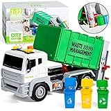 JOYIN 31.7cm Müllwagen Spielzeug, Reibungsbetriebene Abfallentsorgung Recycling LKW Spielzeug Set mit 3 Mülleimern, Rückstoßfunktion Lichtern und Geräuschen für Kinder lang 1:12