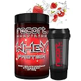 Whey Protein (Erdbeer) mit Shaker, Premium Protein-Shake mit 82% Eiweiß für Muskelaufbau und Abnehmen, Eiweißpulver Made in Germany, Recort Nutrition