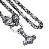 Halsketten Männer, Herren Wikinger Wolfskopf Thors Hammer Halskette Nordische Edelstahl Königskette Mit Mjolnir Anhänger Amulett Hip Hop Fashion Punk Street Schmuck (Farbe: Runde Kette, Größe: 60