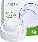 LATERN 60 Stück Mehrweg Silbernes Plastikgeschirr, 30 Stück 26cm Große Speiseteller + 30 Stück 19cm Salatteller, Wiederverwendbare Plastikteller für 30 Gäste Hochzeitstag Garden Dessert Party