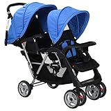 Susany Geschwisterwagen Zusammenklappbar Doppelkinderwagen Kinderwagen Zwillingswagen Zwillingsbuggy Buggy Stahl Blau und Schwarz