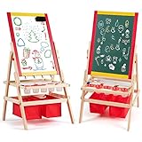 COSTWAY 3 in 1 Kinder Staffelei, Whiteboard & Kreidetafel & Roll Zeichenpapier, Kindertafel doppelseitig, Standtafel, Spieltafel, Holztafel, inkl. 2 Aufbewahrungsboxen und Zubehör