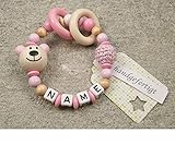 Baby Greifling Beißring geschlossen mit Namen - individuelles Holz Lernspielzeug als Geschenk zur Geburt Taufe - Mädchen Motiv Bär in babyrosa