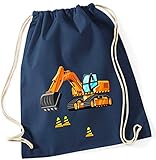 Turnbeutel für Jungen | Motiv Bagger & Baustelle | Stoffbeutel aus Baumwolle zum Zuziehen für Kinder | Zuziehrucksack mit Kordel (dunkelblau)