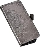 QPOLLY Kompatibel mit Samsung Galaxy S10 5G Hülle Leder Handy Tasche Brieftasche Flip Wallet Case Schutzhülle Mandala Blumen Muster Klapphülle mit Standfunktion für Galaxy S10 5G,Grau