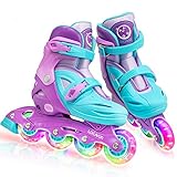 Locavun Verstellbare Inline-Skates für Mädchen, Jungen, Kinder mit leuchtenden Rädern, beleuchtete Hartschalen-Rollerblades für den Innen- und Außenbereich (Violett, S: 26-30 EU)