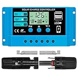 ERAMONG 30A Solar Laderegler, 12V/24V Solarpanel Laderegler, PWM Solar Ladegerät Controller, Intelligente Batterie Solarregler mit Dual USB Port LCD Display（1Paar MC4 Stecker)