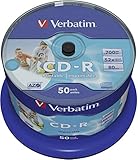 Verbatim CD-R AZO Wide Inkjet Printable 700 MB, 50er Pack Spindel, CD Rohlinge, 52-fache Brenngeschwindigkeit mit langer Lebensdauer, leere CDs bedruckbar, Audio CD Rohling