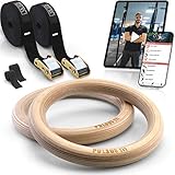 PULSUS fit Gymnastikringe Turnringe aus Holz mit Übungsvideo App + verstellbare Gurtschnallen + Fitnessringgurte mit Markierungen für Fitness Training & Workouts