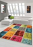 Designer Teppich Moderner Teppich Wohnzimmer Teppich Karo Muster Patchwork Teppich Multicolour in Grün Rot Türkis Gelb Bunt Größe 160x230 cm