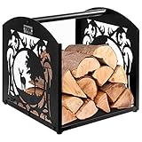 roqu Kaminholzkorb Metall schwarz 39x40x39 cm | Holzkorb für Kaminholz | Feuerholzkorb mit Waldmotiv | Kaminkorb für Holz Tragekorb für Holz