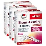 Doppelherz Eisen-Femin Direct mit Vitamin C + B6 + B12 + Folsäure – 14 mg Eisen für die normale Bildung von roten Blutkörperchen – 3 x 20 Portionen Micro-Pellets