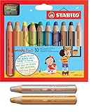 STABILO Buntstift, Wasserfarbe & Wachsmalkreide Woody 3 in 1 | 10+2 Pack mit Spitzer - mit 10 Gold und Silber