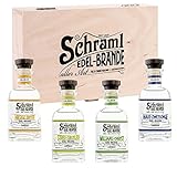 Schraml Edelbrand Geschenkset in Präsent-Holzkiste, 4 verschiedene Edelbrände in Geschenkkiste, 4 x 0,1 Liter, 42% vol, (Streu-Obstler/Wiliams-Birne/Haus-Zwetschge/Hiesige Ernte)