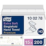 Tork extra weiche Zickzack Papierhandtücher Premium 100278 - H3 Falthandtücher für Zickzack Papierhandtuchspender - besonders saugfähig, 2-lagig, weiß - 15 x 200 Tücher