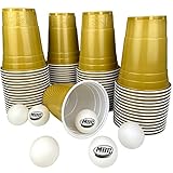 Gold | Bier-Pong Becher Set mit 100 Party-Becher 16 oz + 6 Beer-Pong Bällen | Das Festival Zubehör 2022 | Stabile Plastikbecher 0,5 | Bestes Beer-Pong Tisch Zubehör | Beerpongbecher Trinkspiel