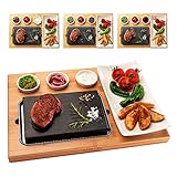 AMAVEL 4er Set Lavastein Steakbretter, Heißer Stein-Grill mit Saucenschälchen und Keramik-Platte, Bambusbrett mit Hot Stone Grill, BBQ Steinplatte, Steak Grillplatte, Lavastone Grill Set, Tischgrill