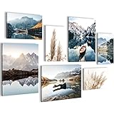 Wandbilder See Berge blau - KOMPLETT AUFHÄNGFERTIG - Natur Wohnzimmer Schlafzimmer- 7 Moderne Mood-Bilder - N003671a