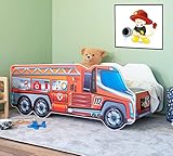 Alcube® Autobett 70x140 cm LKW Feuerwehr mit Lattenrost und Matratze MDF beschichtet - mit Motivfolie beklebtes Spielbett Kinderbett 140x70 cm für kleine Feuerwehrleute - Rot