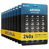 ABSINA 240er Pack Alkaline & Lithium Knopfzellen - 20x AG1 / 20x AG3 / 40x AG4 / 40x AG10 / 40x AG13 / 20x CR2016 / 20x CR2025 / 40x CR2032-1,5V & 3V Knopfzelle Sortiment - Knopfbatterien