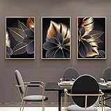 3er Set Designer Leinwand Poster Wandbilder, Abstrakt Schwarz Goldenes Pflanzenblatt Leinwand Poster Druck Moderne Nordische Dekoration Wandkunst Malerei Bild