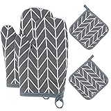 Ofenhandschuhe Topflappen 4er Set, Hitzebeständige Topfhandschuhe Anti Rutsch Ofen Handschuhe Baumwolle und Leinen Stoff Oven Mitts für Öfen, Backen, Mikrowellen (Grau)