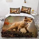 Bettwäsche 135x200 Kleiner Fuchs Bettwäsche Set 3D Druck Süße Tiere Bettbezug 3 Teilig Mikrofaser Stoff weich Bettbezüge mit Reißverschluss und 2 Kissenbezug 80x80 cm