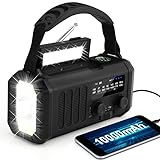 10000mAh tragbares Solarradio, Kurbelradio für den Notfall,Wiederaufladbare Dynamo Radio AM/FM Radio,IPX3,SOS Alarm, LED-Taschenlampe&Kompass für Camping Ourdoor, Notfall-Schwarz