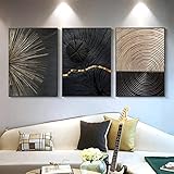 3er Set Wandbilder,40x50cm Modern Nordic Wandbild Design-Poster Kunstdruck Dekorative Malerei Schwarz Weiß Gold Jahresring Linien Haus Dekoration für Wohnzimmer