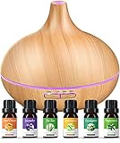 500mL Aroma Diffuser für ätherische öle, Enthält 6 ätherische Öle, 23dB Geräuschloser Duftöl Diffuser mit 7 Farblichter, BPA-freier, 4 Timern, Automatische Abschaltung(Gelbe Holzmaserung)