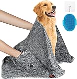 BINOTHINK Hundehandtuch mit Hand Taschen, hundehandtuch extra saugfähig, microfaser handtücher für Hunde Katzen, Großer Hunde Bademantel Schnelltrocknend Warm Mit Haken und Bürsten