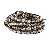 Emibele Lederarmband, Achat Perlen Wrap Armband mit Edelstahlschnalle, Handgefertigtes Handgelenk Gewebte Gewinde Accessory für Damen Frauen & Mädchen - Grün