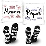 Eltern Geschenk zu Weihnachten 2er Kissen-Set + 2 Paar Socken / Mama / Papa Geschenk-Idee Geschenke-Set Kissen mit Füllung 40 x 40 cm Weiss