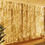 300LED Lichtervorhang Warmweiß, HXWEIYE 3mx3m Lichterkettenvorhang USB 8 Modi LED Lichterkette mit 22 Haken Fernbedienung Timer verstellbare Helligkeit für Weihnachten Party Innen und außen Deko