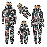 EMATOP Pyjama Familie Set Weihnachten Baumwolle Jumpsuit mit Kapuze Schlafanzug Lang Elegant Weihnachtspyjama Schneeflocke Elch-Druck Fun-Nachtwäsche Einteiler Overall Damen Herren Kinder Baby