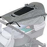 Kinderwagen Sonnensegel mit UV Schutz 50+ und Wasserdicht, Double Layer Fabric mit Sichtfenster und extra breite Schattenflügel- schwarz